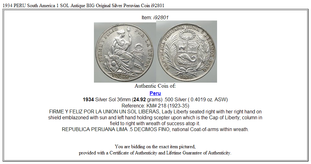 1934 PERU South America 1 SOL Antique BIG Original Silver Peruvian Coin i92801