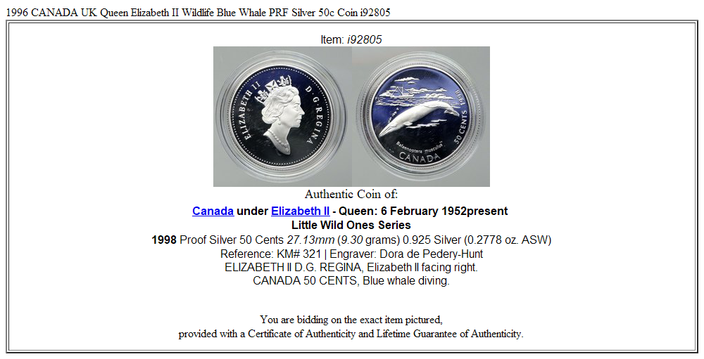 1996 CANADA UK Queen Elizabeth II Wildlife Blue Whale PRF Silver 50c Coin i92805