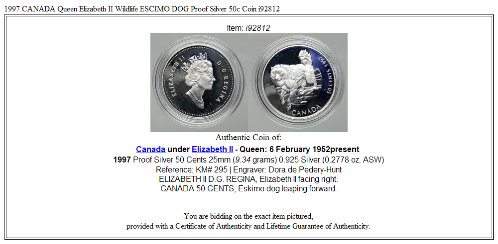 1997 CANADA Queen Elizabeth II Wildlife ESCIMO DOG Proof Silver 50c Coin i92812