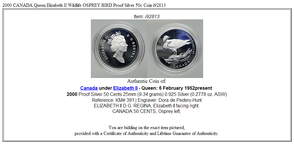 2000 CANADA Queen Elizabeth II Wildlife OSPREY BIRD Proof Silver 50c Coin i92813