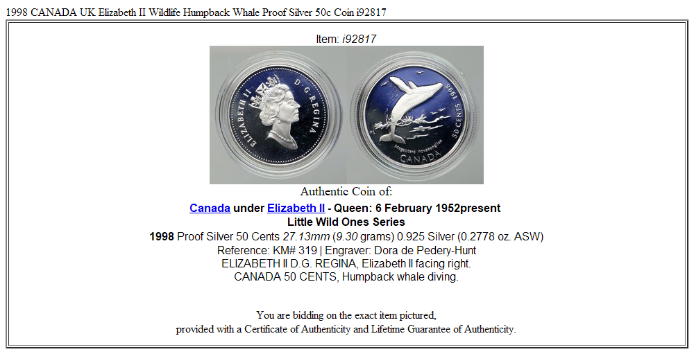 1998 CANADA UK Elizabeth II Wildlife Humpback Whale Proof Silver 50c Coin i92817