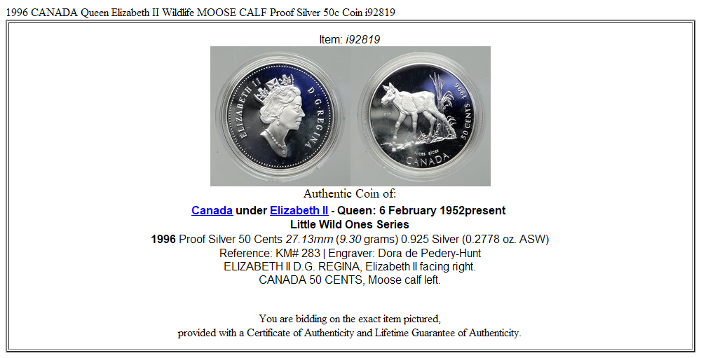 1996 CANADA Queen Elizabeth II Wildlife MOOSE CALF Proof Silver 50c Coin i92819