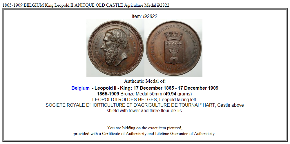 1865-1909 BELGIUM King Leopold II ANITQUE OLD CASTLE Agriculture Medal i92822