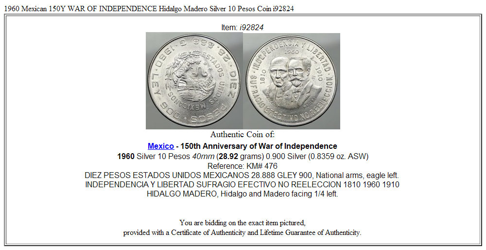 1960 Mexican 150Y WAR OF INDEPENDENCE Hidalgo Madero Silver 10 Pesos Coin i92824