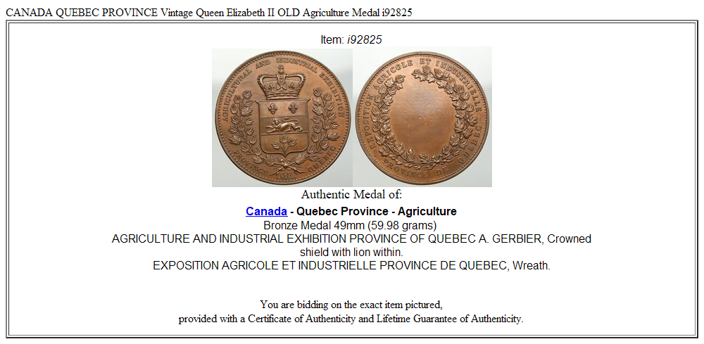 CANADA QUEBEC PROVINCE Vintage Queen Elizabeth II OLD Agriculture Medal i92825