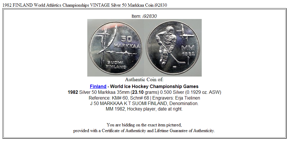 1982 FINLAND World Athletics Championships VINTAGE Silver 50 Markkaa Coin i92830