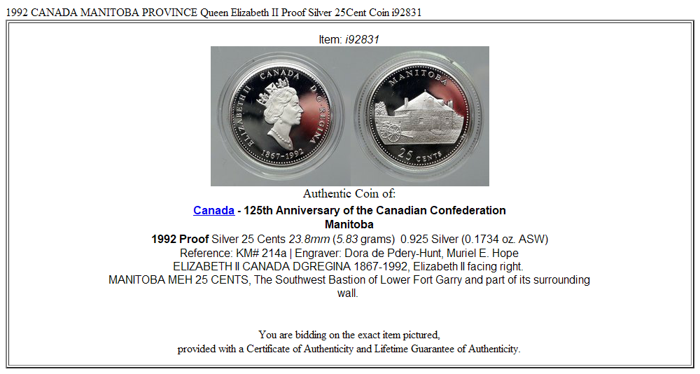 1992 CANADA MANITOBA PROVINCE Queen Elizabeth II Proof Silver 25Cent Coin i92831