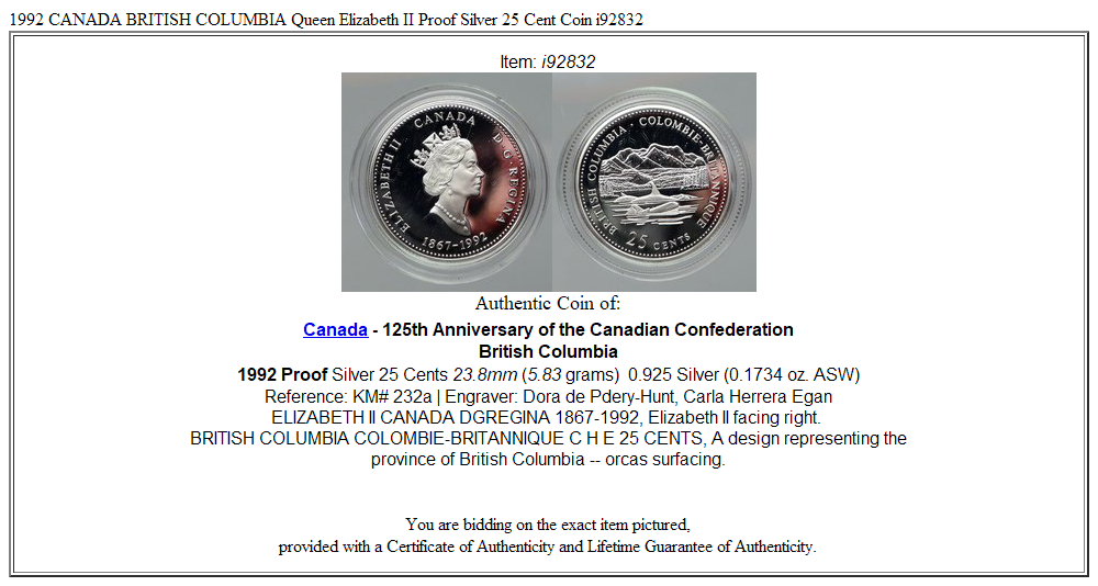 1992 CANADA BRITISH COLUMBIA Queen Elizabeth II Proof Silver 25 Cent Coin i92832