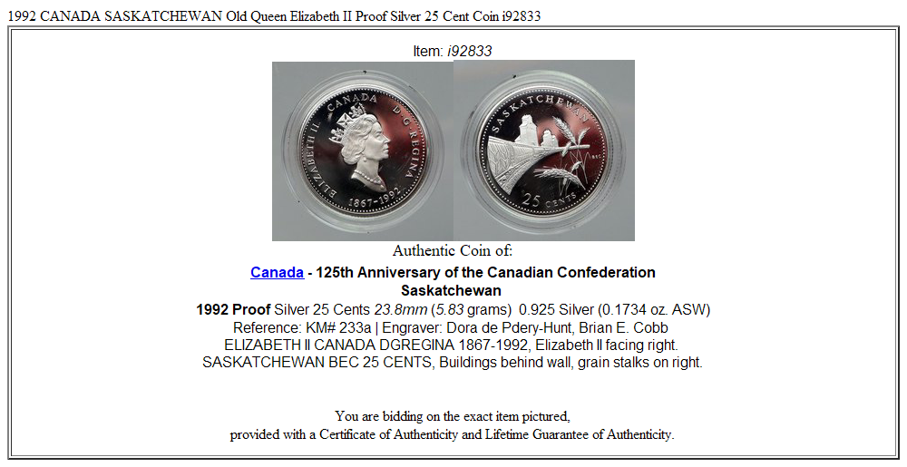 1992 CANADA SASKATCHEWAN Old Queen Elizabeth II Proof Silver 25 Cent Coin i92833