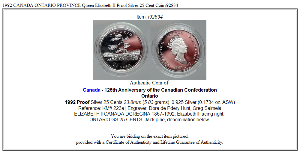 1992 CANADA ONTARIO PROVINCE Queen Elizabeth II Proof Silver 25 Cent Coin i92834