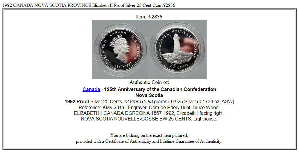 1992 CANADA NOVA SCOTIA PROVINCE Elizabeth II Proof Silver 25 Cent Coin i92836