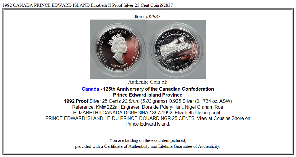 1992 CANADA PRINCE EDWARD ISLAND Elizabeth II Proof Silver 25 Cent Coin i92837