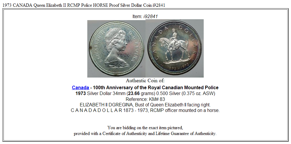 1973 CANADA Queen Elizabeth II RCMP Police HORSE Proof Silver Dollar Coin i92841