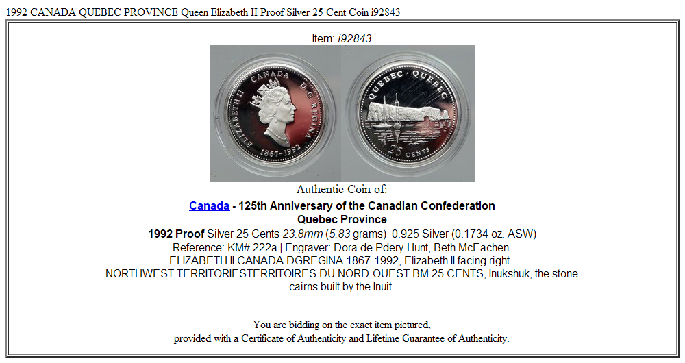 1992 CANADA QUEBEC PROVINCE Queen Elizabeth II Proof Silver 25 Cent Coin i92843