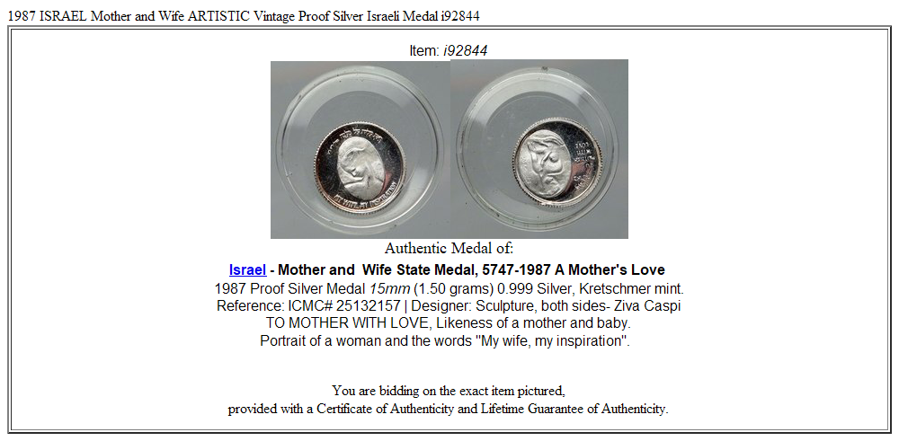 1987 ISRAEL Mother and Wife ARTISTIC Vintage Proof Silver Israeli Medal i92844