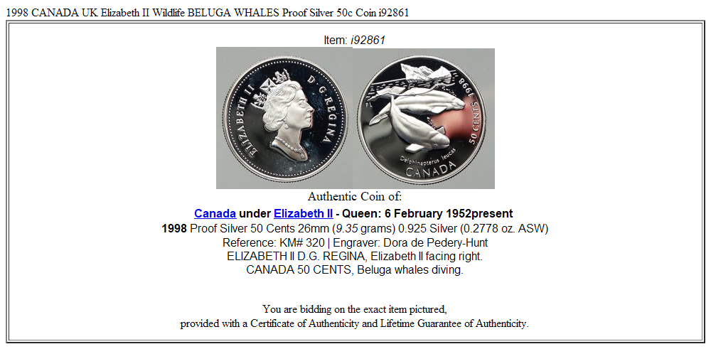 1998 CANADA UK Elizabeth II Wildlife BELUGA WHALES Proof Silver 50c Coin i92861