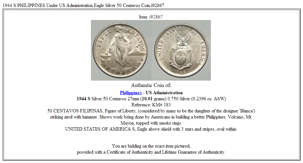 1944 S PHILIPPINES Under US Administration Eagle Silver 50 Centavos Coin i92867