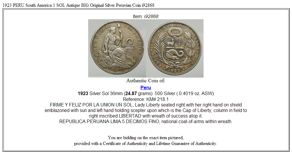 1923 PERU South America 1 SOL Antique BIG Original Silver Peruvian Coin i92868