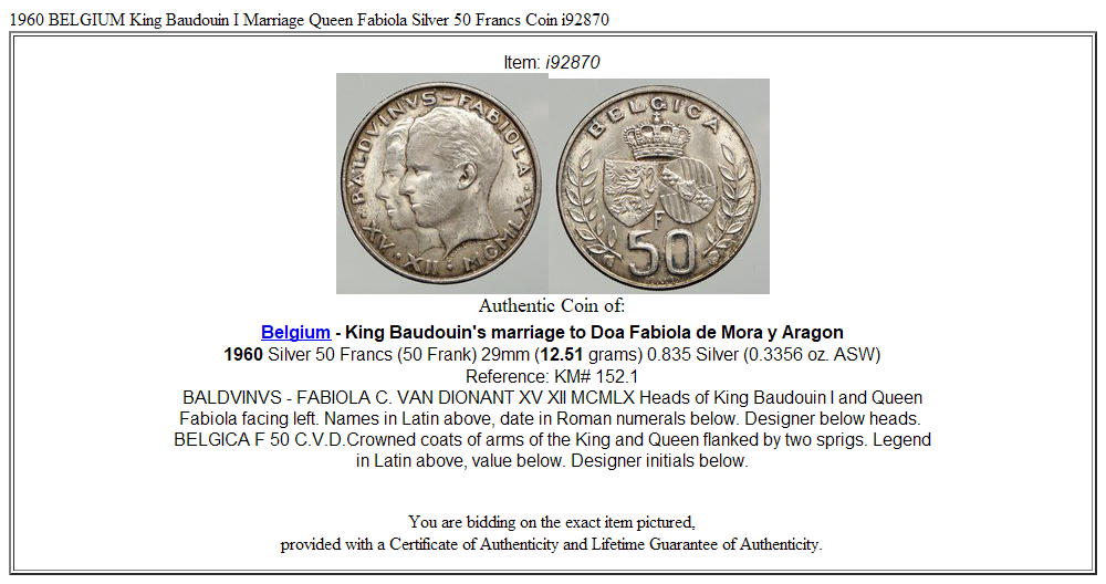 1960 BELGIUM King Baudouin I Marriage Queen Fabiola Silver 50 Francs Coin i92870