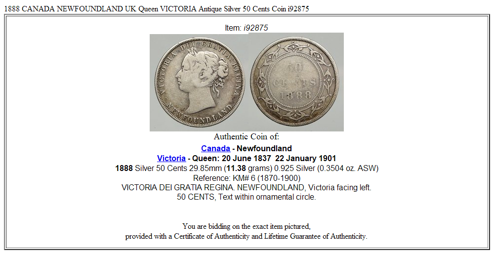 1888 CANADA NEWFOUNDLAND UK Queen VICTORIA Antique Silver 50 Cents Coin i92875