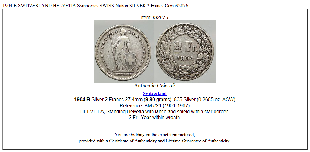 1904 B SWITZERLAND HELVETIA Symbolizes SWISS Nation SILVER 2 Francs Coin i92876