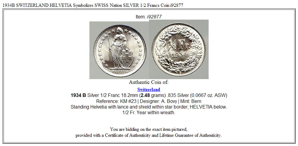 1934B SWITZERLAND HELVETIA Symbolizes SWISS Nation SILVER 1/2 Francs Coin i92877