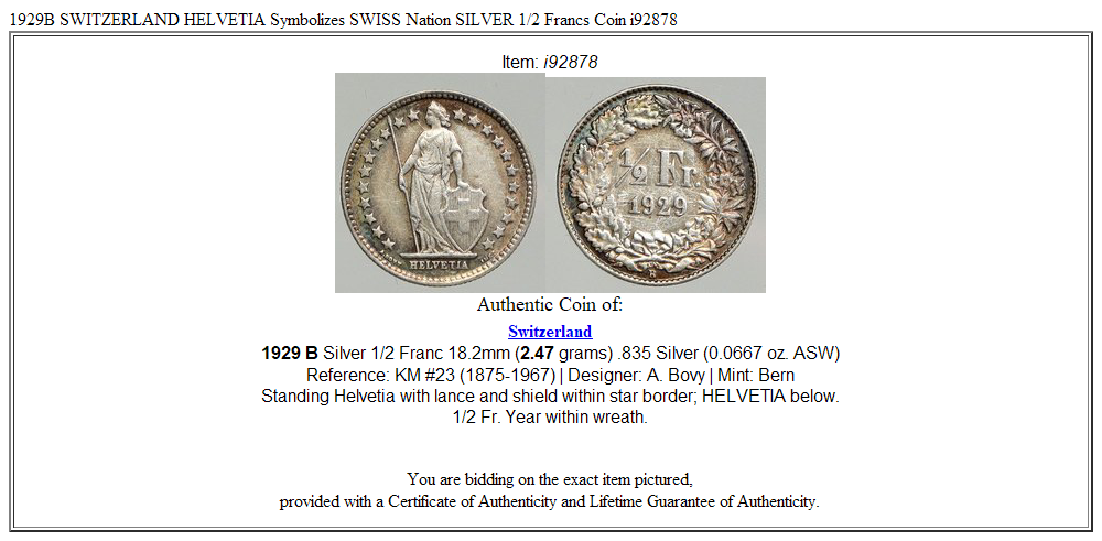 1929B SWITZERLAND HELVETIA Symbolizes SWISS Nation SILVER 1/2 Francs Coin i92878