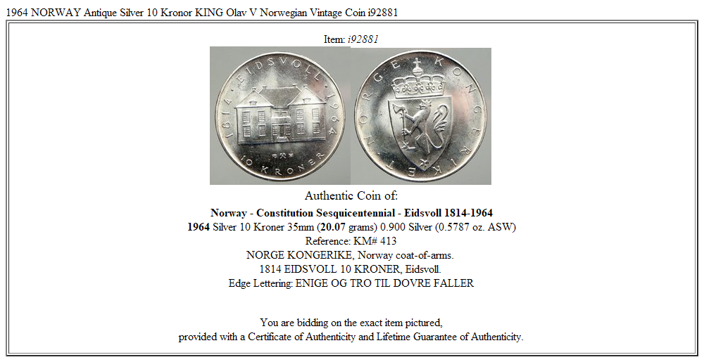 1964 NORWAY Antique Silver 10 Kronor KING Olav V Norwegian Vintage Coin i92881