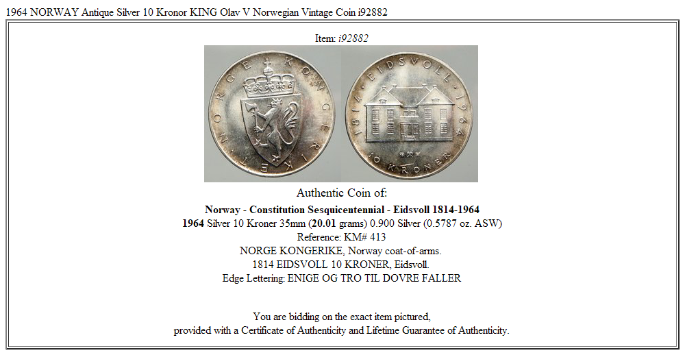 1964 NORWAY Antique Silver 10 Kronor KING Olav V Norwegian Vintage Coin i92882