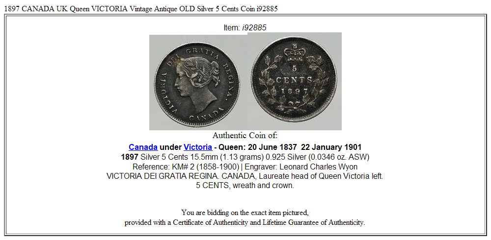 1897 CANADA UK Queen VICTORIA Vintage Antique OLD Silver 5 Cents Coin i92885