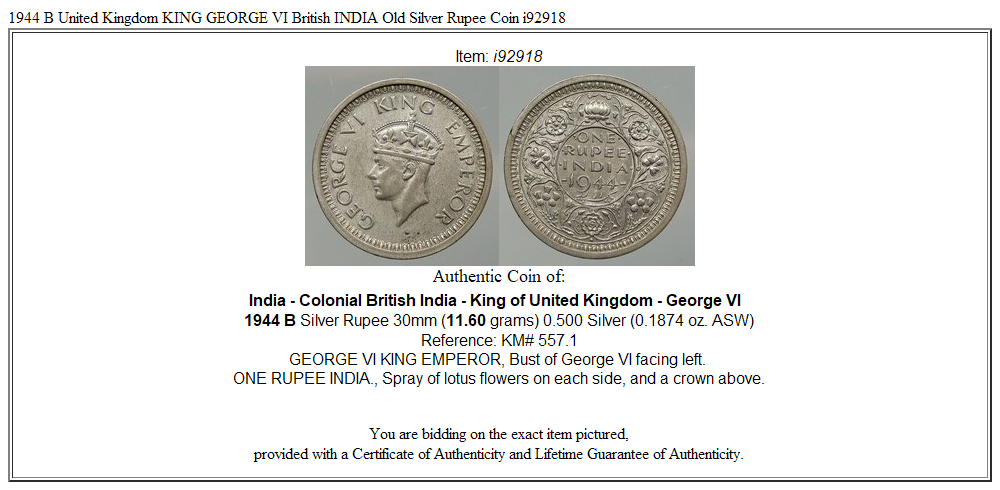 1944 B United Kingdom KING GEORGE VI British INDIA Old Silver Rupee Coin i92918