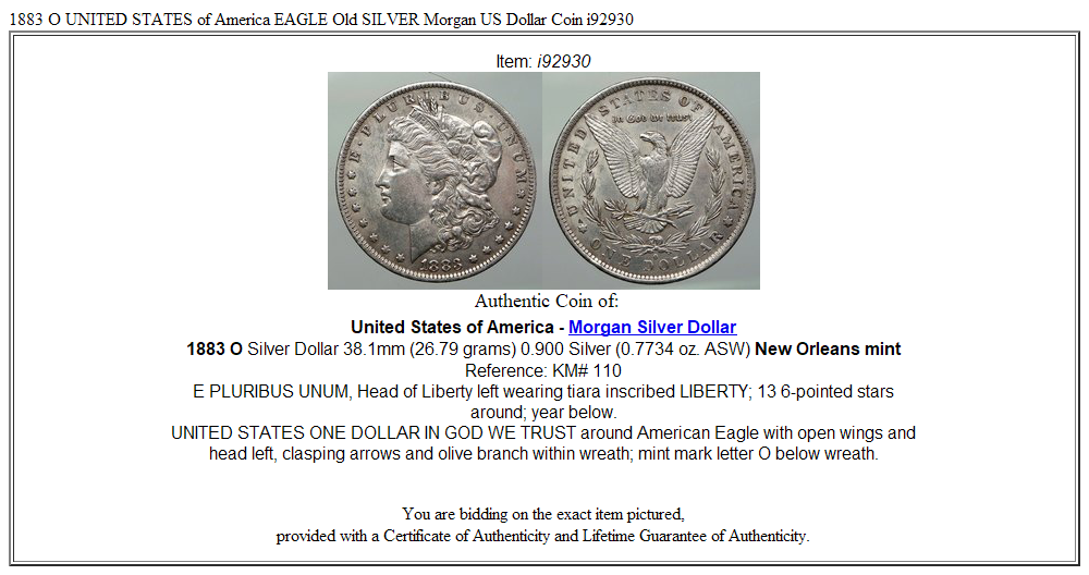 1883 O UNITED STATES of America EAGLE Old SILVER Morgan US Dollar Coin i92930