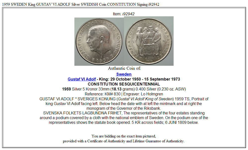 1959 SWEDEN King GUSTAV VI ADOLF Silver SWEDISH Coin CONSTITUTION Signing i92942