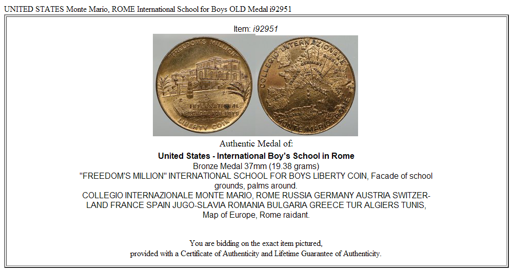 UNITED STATES Monte Mario, ROME International School for Boys OLD Medal i92951