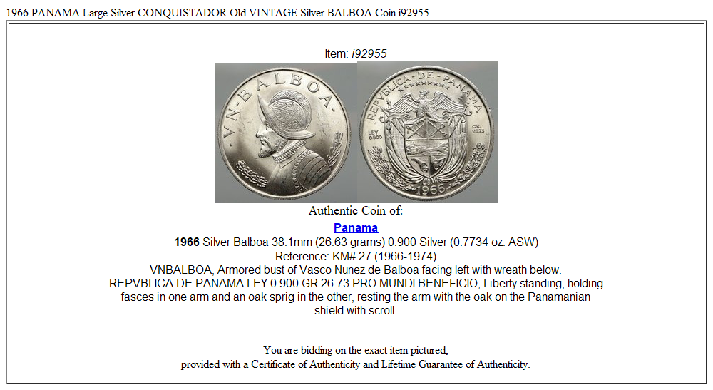 1966 PANAMA Large Silver CONQUISTADOR Old VINTAGE Silver BALBOA Coin i92955