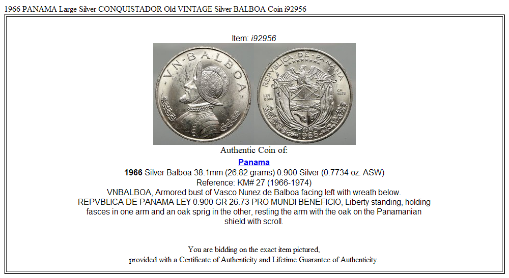 1966 PANAMA Large Silver CONQUISTADOR Old VINTAGE Silver BALBOA Coin i92956