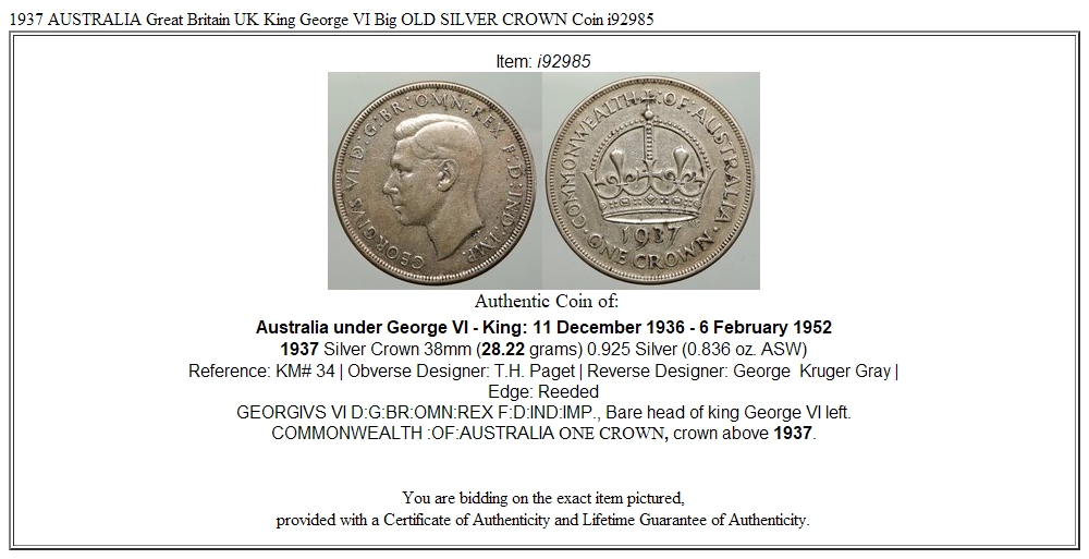 1937 AUSTRALIA Great Britain UK King George VI Big OLD SILVER CROWN Coin i92985