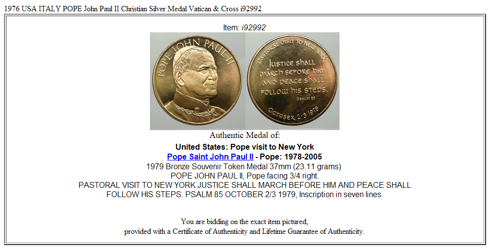 1976 USA ITALY POPE John Paul II Christian Silver Medal Vatican & Cross i92992