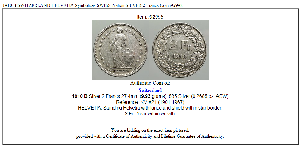 1910 B SWITZERLAND HELVETIA Symbolizes SWISS Nation SILVER 2 Francs Coin i92998