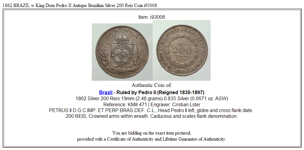 1862 BRAZIL w King Dom Pedro II Antique Brazilian Silver 200 Reis Coin i93008