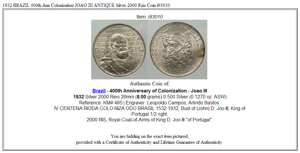 1932 BRAZIL 400th Ann Colonization JOAO III ANTIQUE Silver 2000 Reis Coin i93010