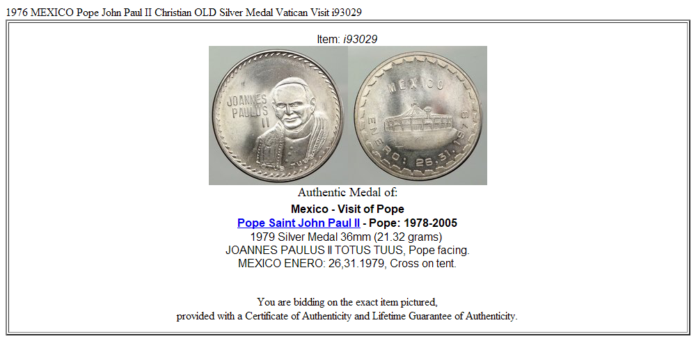 1976 MEXICO Pope John Paul II Christian OLD Silver Medal Vatican Visit i93029