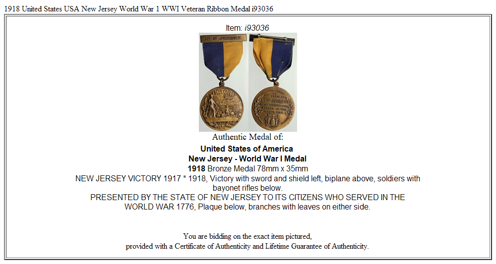 1918 United States USA New Jersey World War 1 WWI Veteran Ribbon Medal i93036