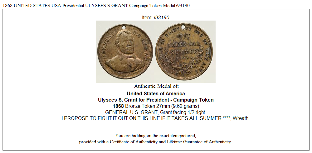 1868 UNITED STATES USA Presidential ULYSEES S GRANT Campaign Token Medal i93190