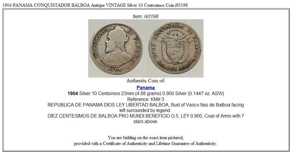 1904 PANAMA CONQUISTADOR BALBOA Antique VINTAGE Silver 10 Centesimos Coin i93198