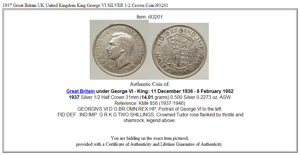 1937 Great Britain UK United Kingdom King George VI SILVER 1/2 Crown Coin i93201