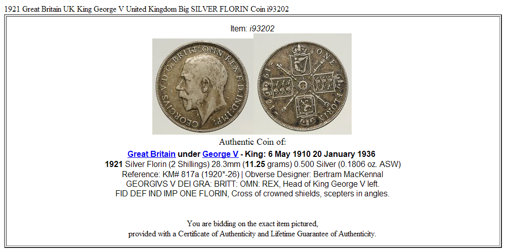 1921 Great Britain UK King George V United Kingdom Big SILVER FLORIN Coin i93202