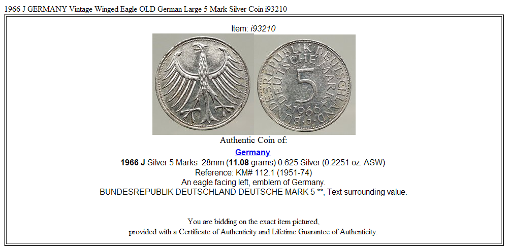 1966 J GERMANY Vintage Winged Eagle OLD German Large 5 Mark Silver Coin i93210