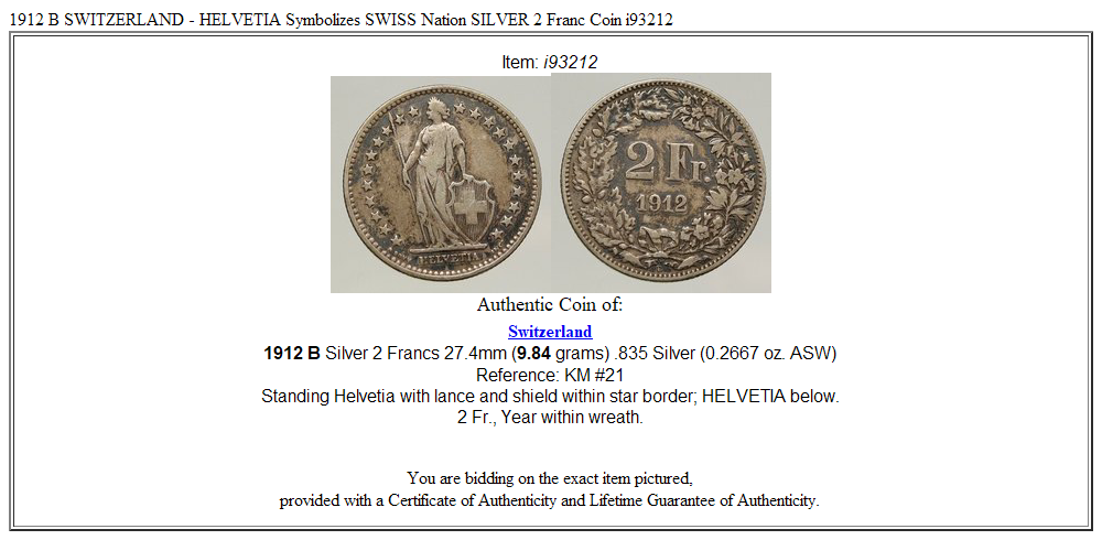 1912 B SWITZERLAND - HELVETIA Symbolizes SWISS Nation SILVER 2 Franc Coin i93212