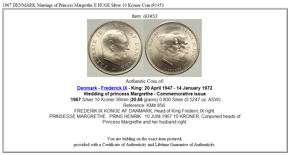 1967 DENMARK Marriage of Princess Margrethe II HUGE Silver 10 Kroner Coin i93453